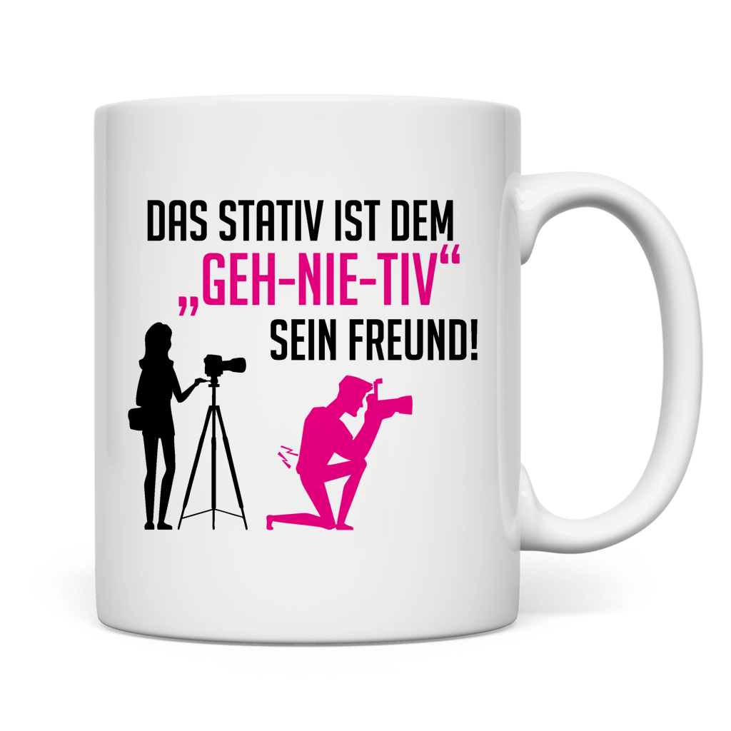 weiße Tasse Stativ "geh-nie-tiv" beidseitig Rosa