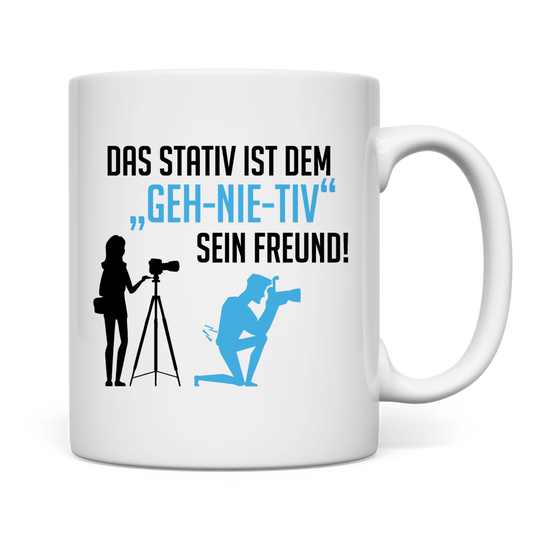 weiße Tasse Stativ "geh-nie-tiv" beidseitig Blau