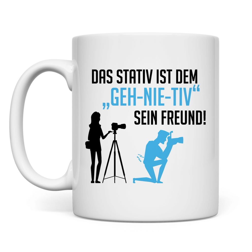 weiße Tasse Stativ "geh-nie-tiv" beidseitig Blau