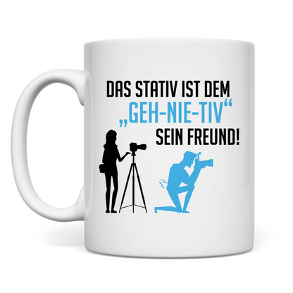 weiße Tasse Stativ "geh-nie-tiv" beidseitig Blau