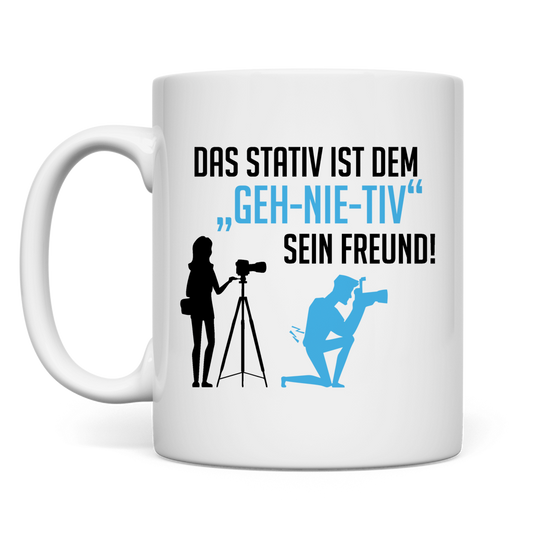 weiße Tasse Stativ "geh-nie-tiv" beidseitig Blau