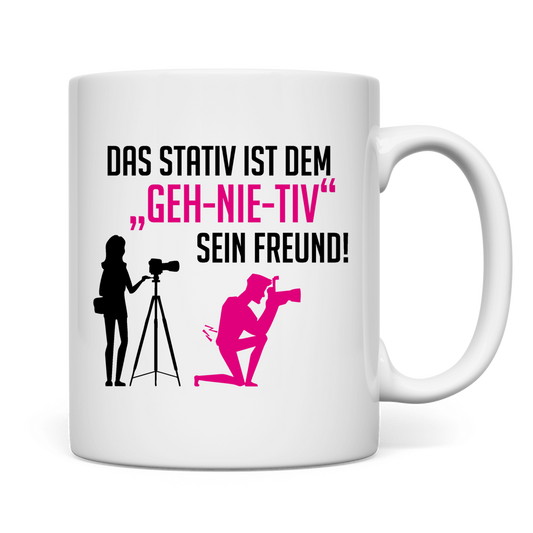 weiße Tasse Stativ "geh-nie-tiv" beidseitig Rosa