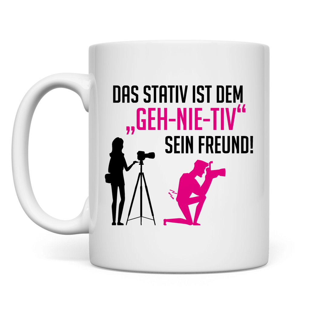 weiße Tasse Stativ "geh-nie-tiv" beidseitig Rosa