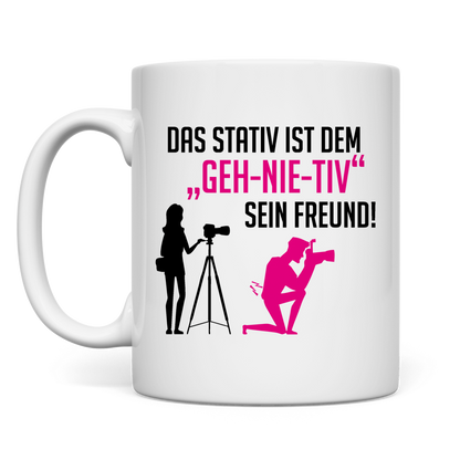 weiße Tasse Stativ "geh-nie-tiv" beidseitig Rosa