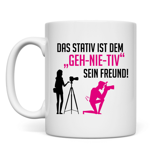 weiße Tasse Stativ "geh-nie-tiv" beidseitig Rosa